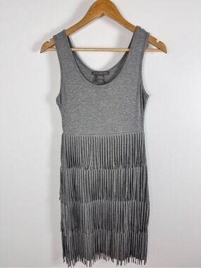 Boho Fringe Tank Dress Grey Festival Western Mini